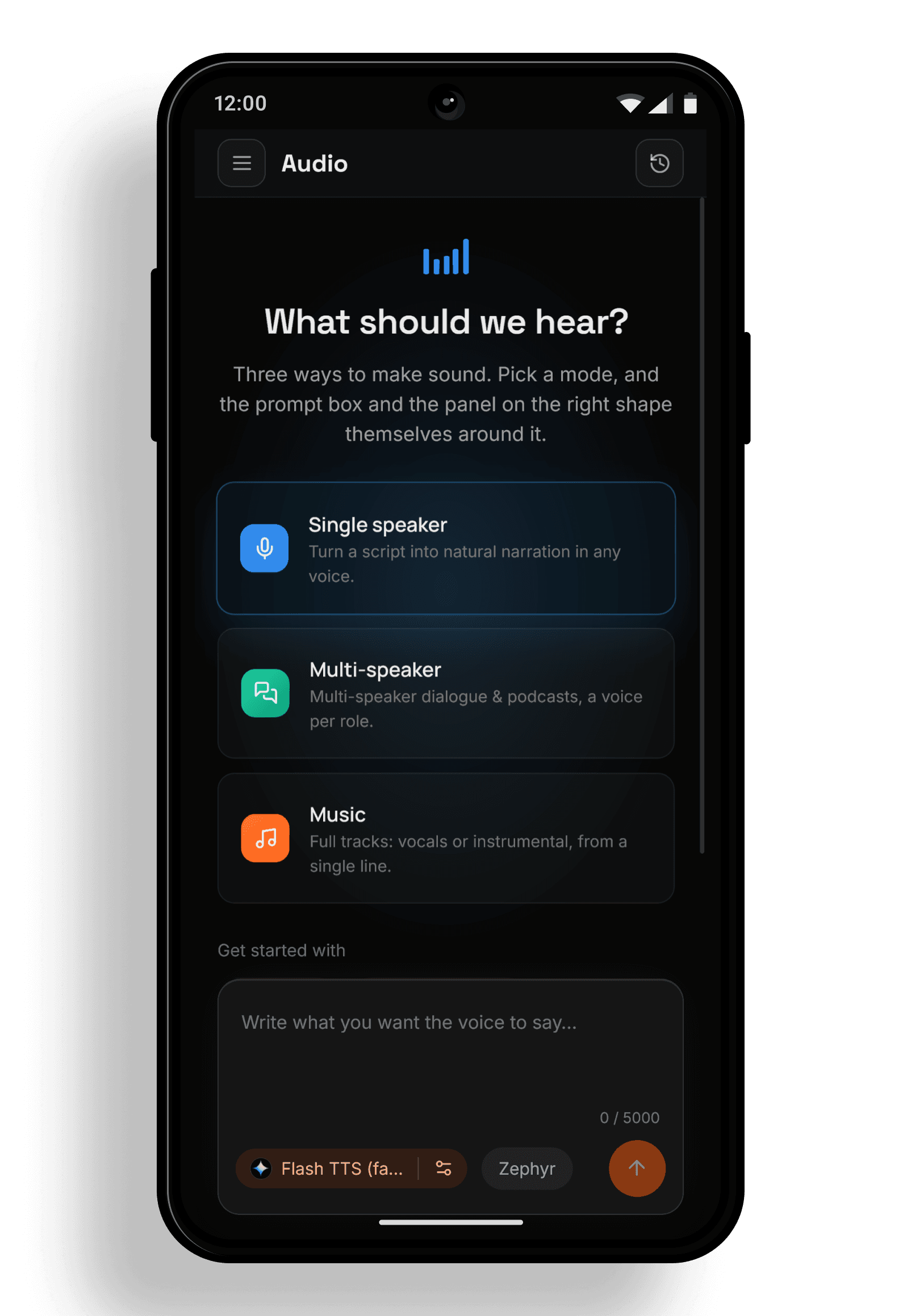 AI audio and music generator app screen with text to speech on Android