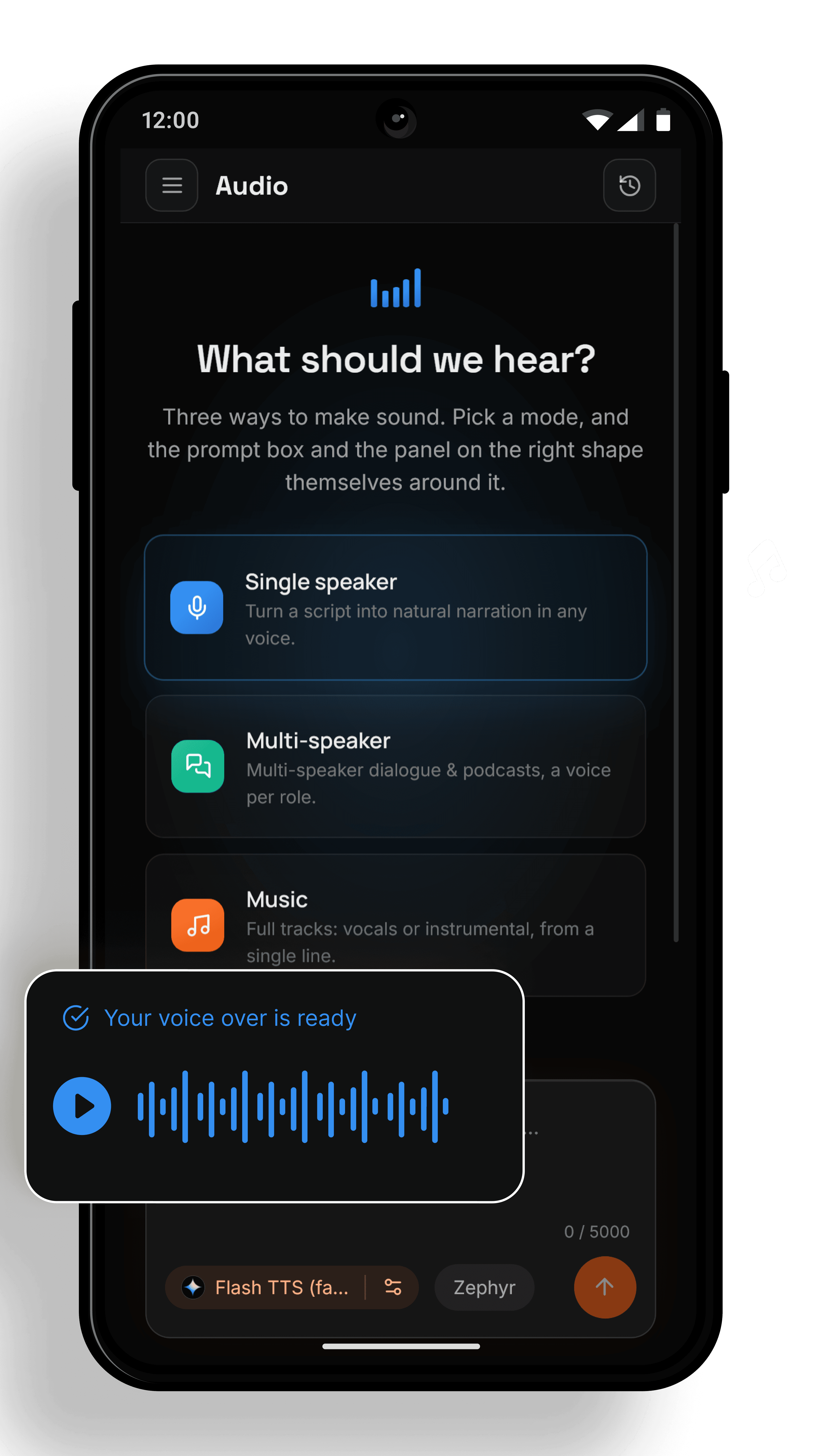 AI audio generator app on Android with text to speech, multi-speaker voiceover and music generation