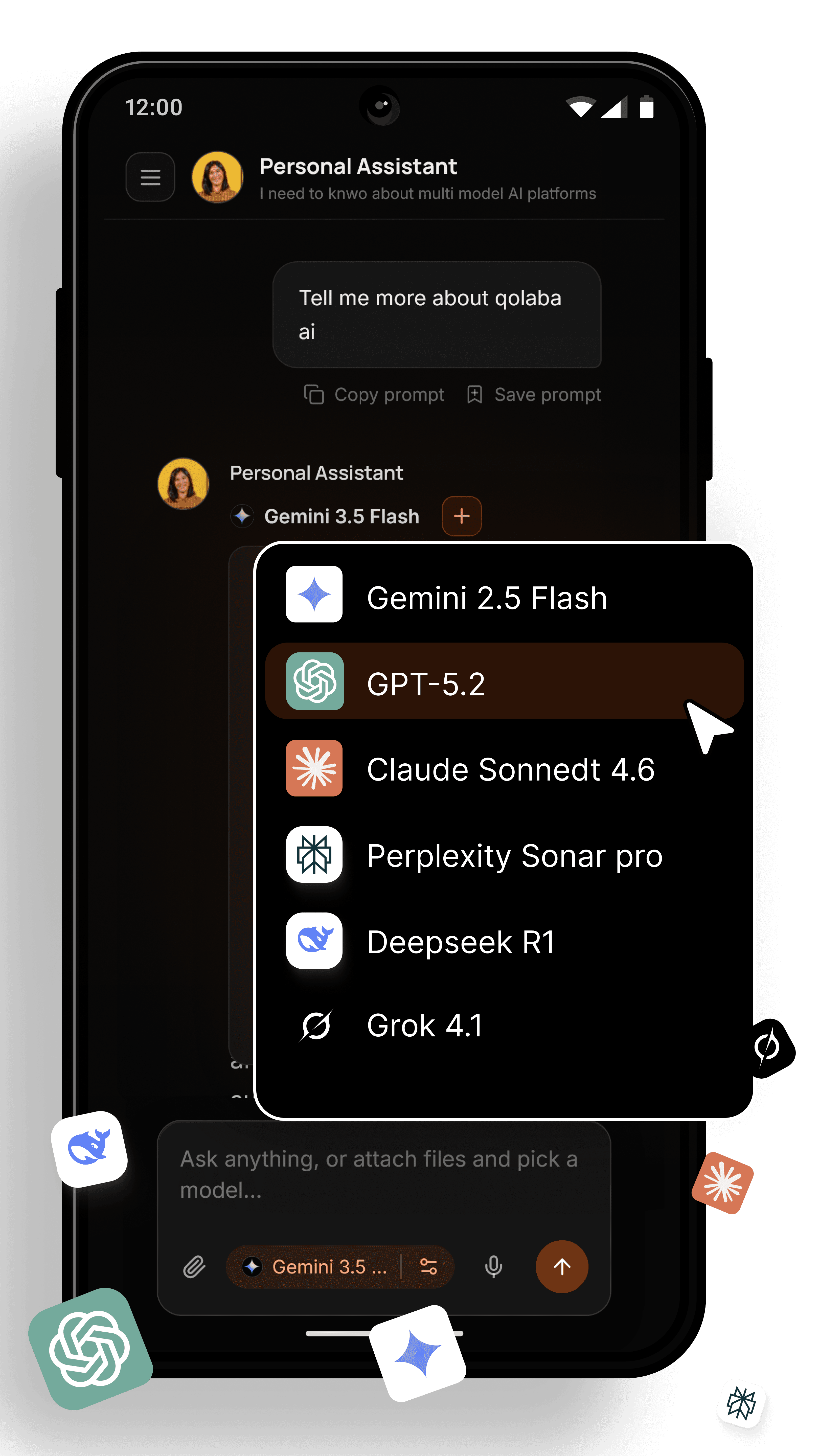 AI chat app comparing models by switching between GPT, Claude and Gemini in one thread on Android