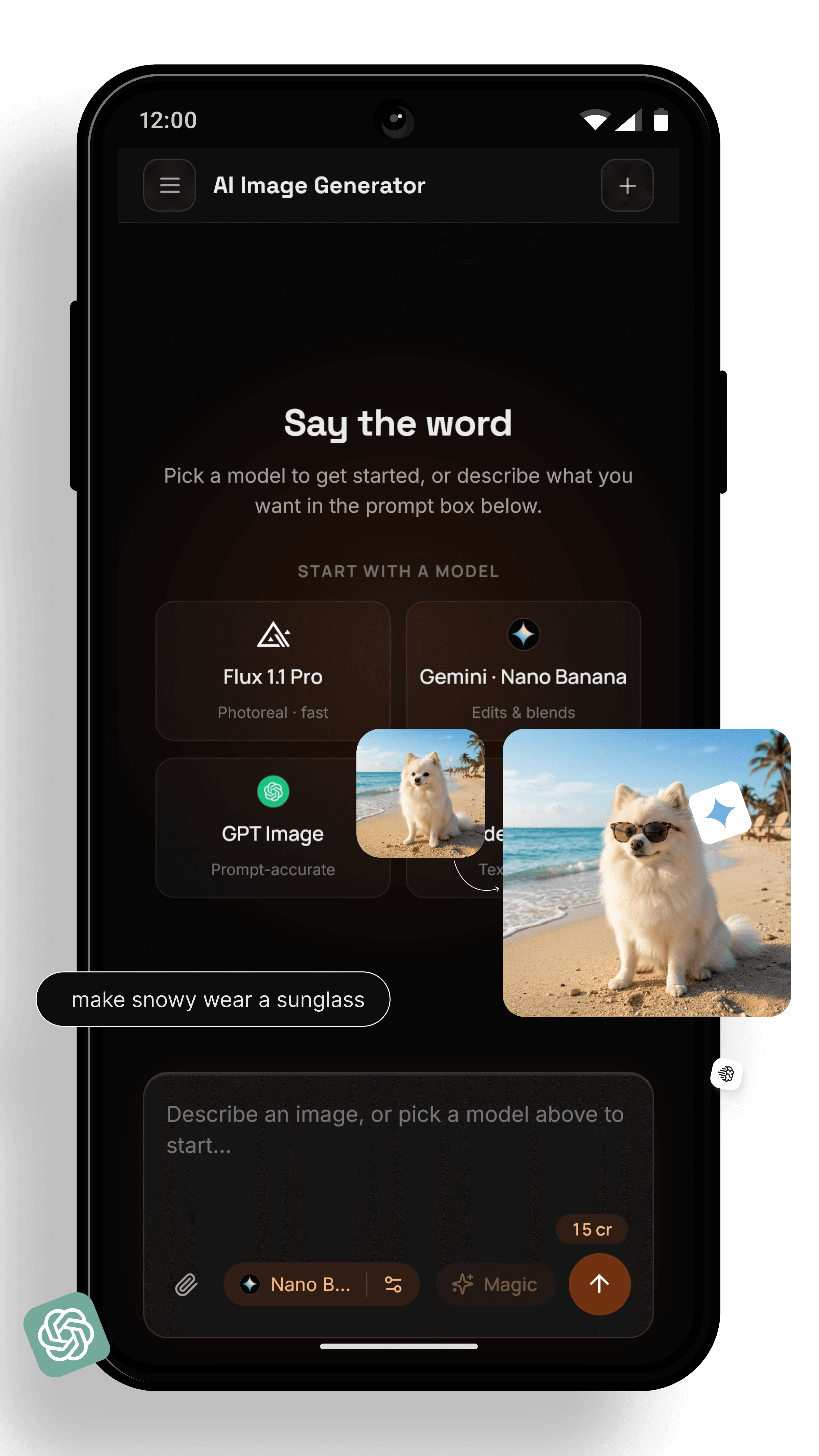 AI image generator app on Android turning a prompt into a photoreal image with a before and after edit