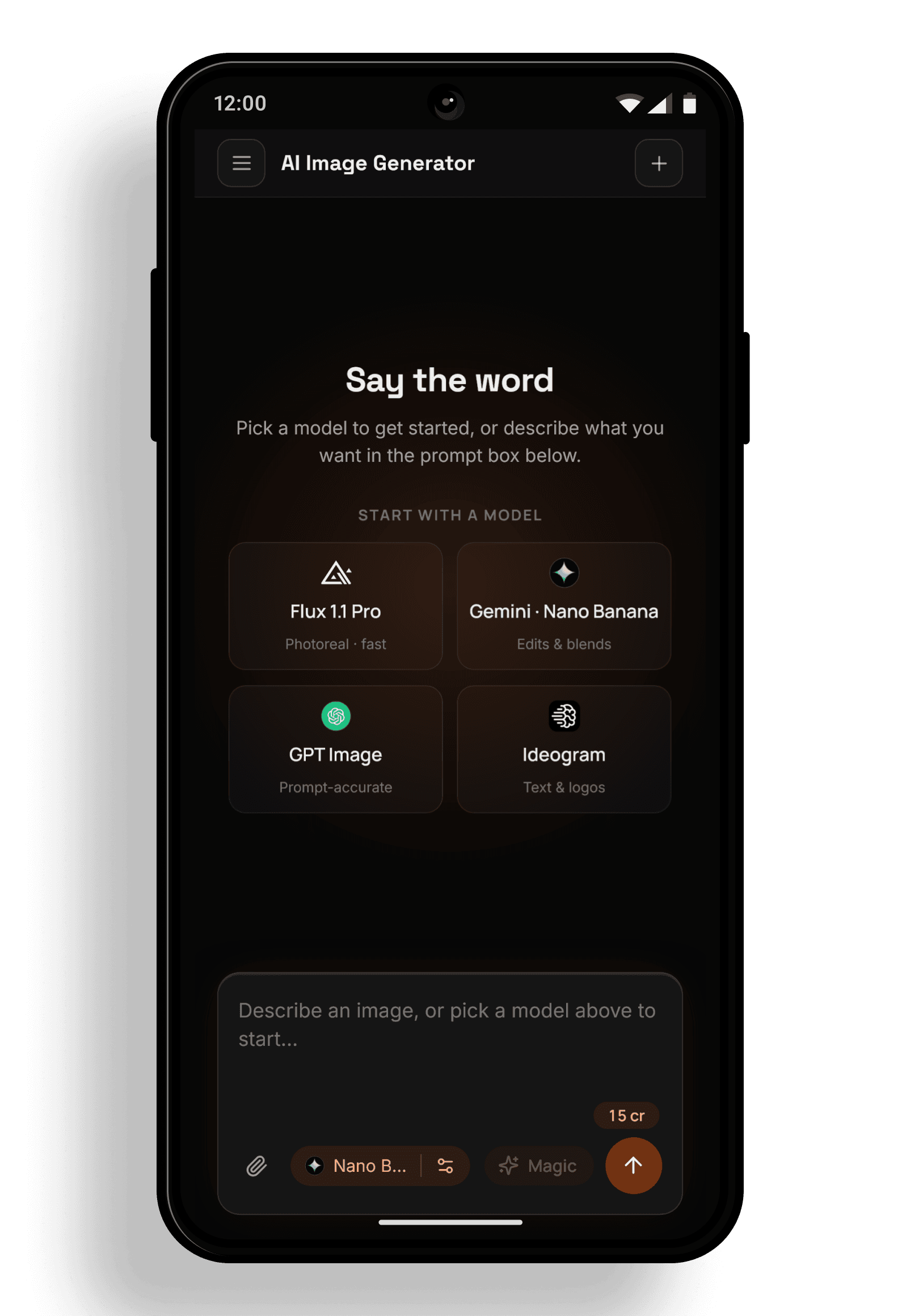 AI image generator app screen with Flux, Gemini and GPT Image models