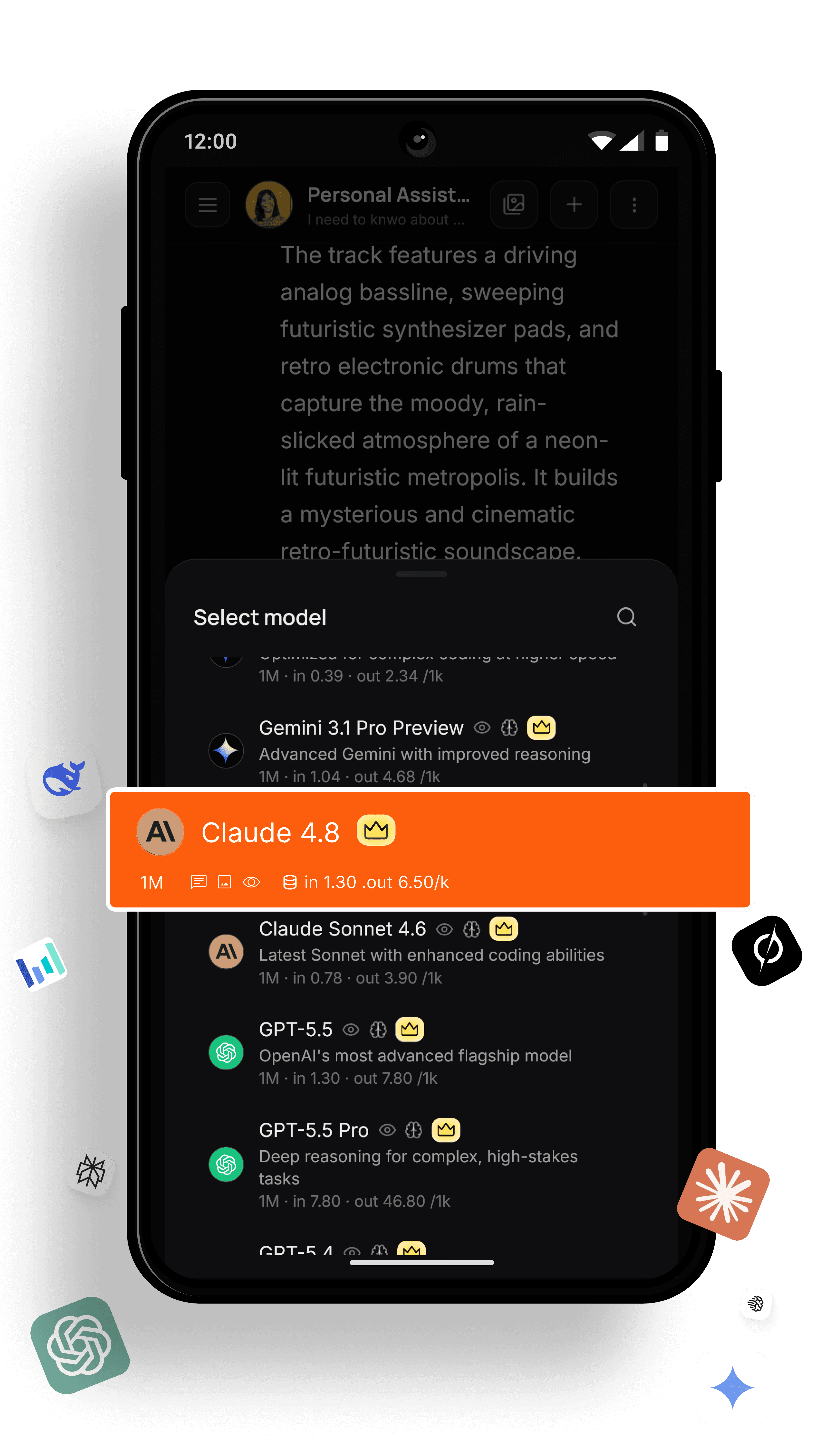 AI model selection on Android for choosing between Claude 4.8, GPT-5.5, Gemini and DeepSeek in the Qolaba app