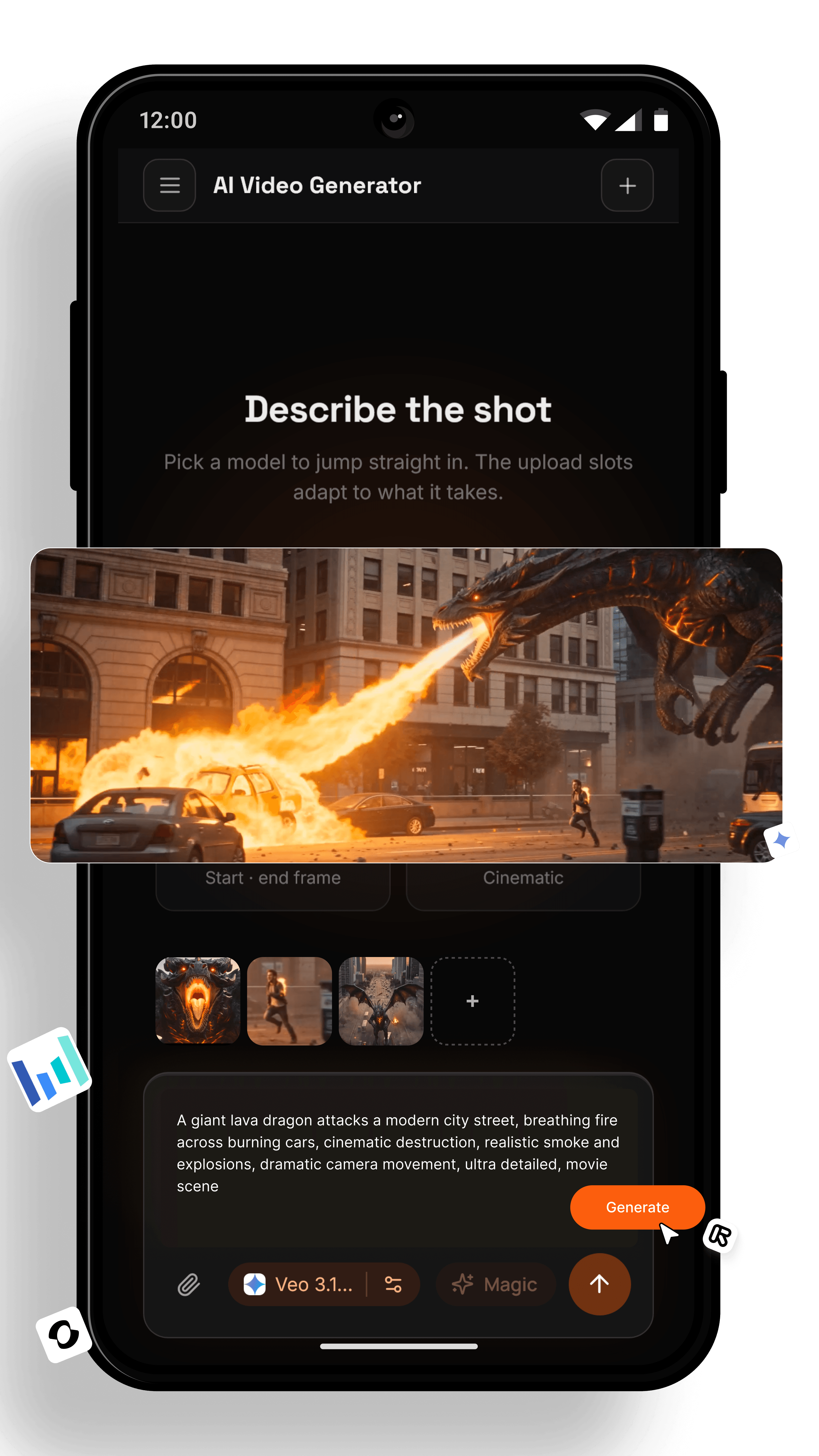 AI video generator app on Android creating a cinematic clip from a text prompt with Veo 3.1