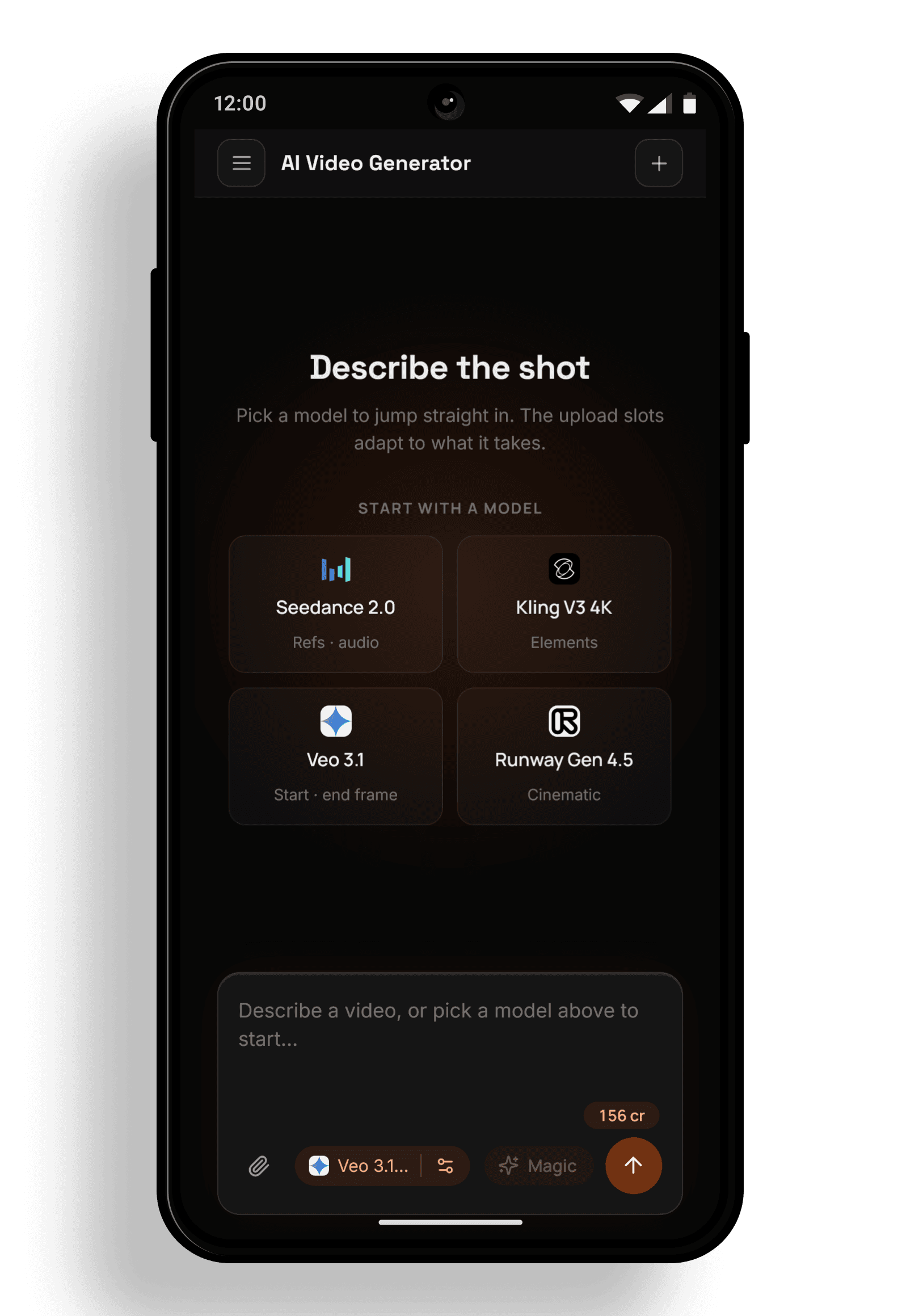 AI video generator app screen with Veo, Kling, Seedance and Runway