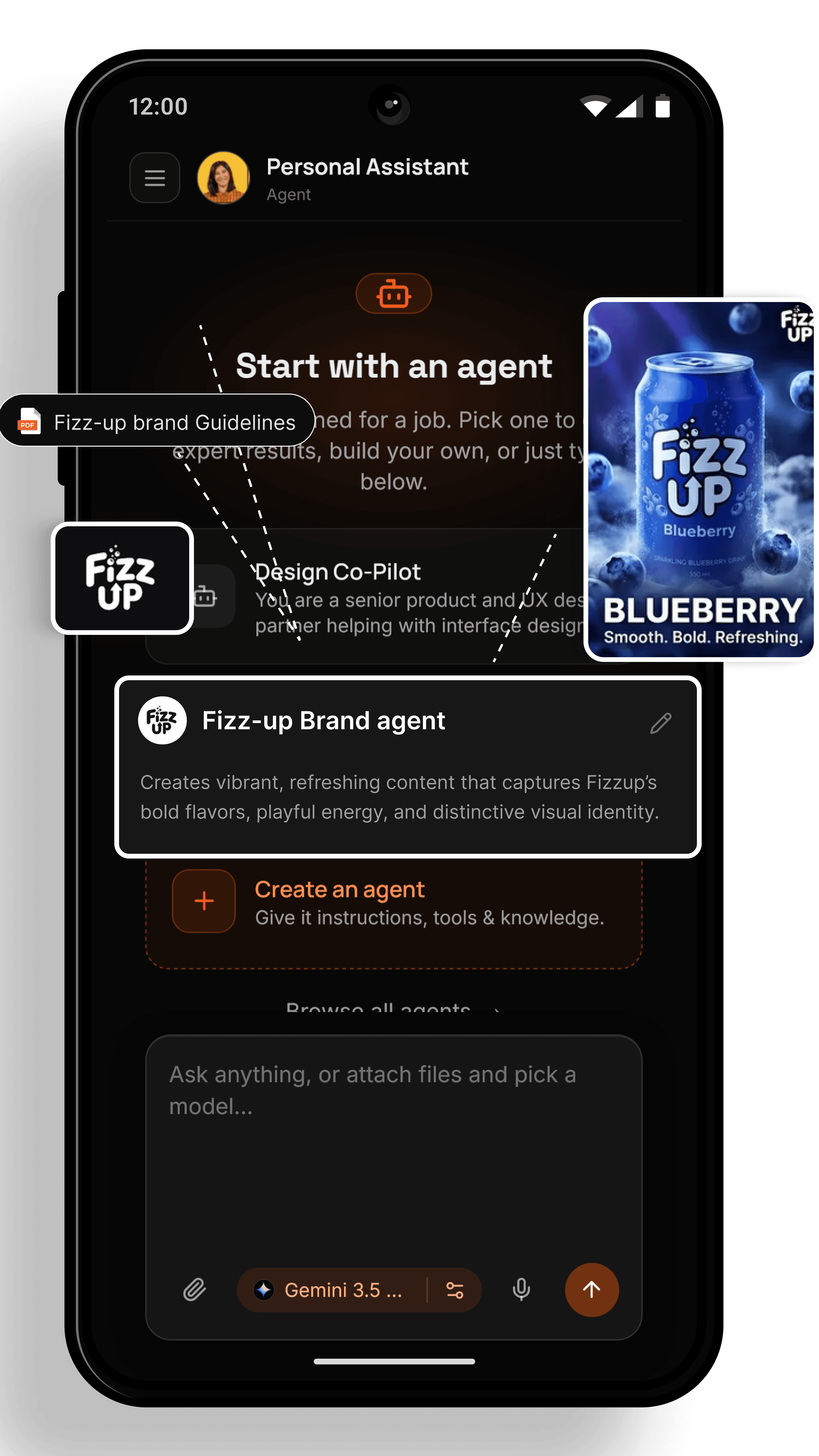 No-code AI agent builder on Android for creating a custom brand agent with its own knowledge base