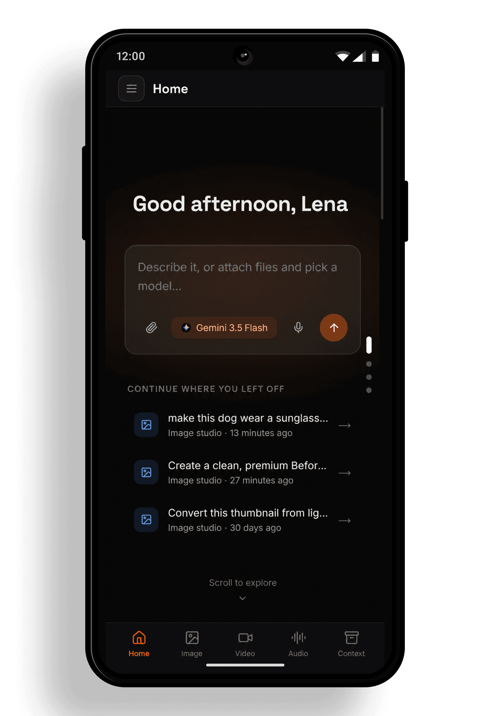 Qolaba AI assistant app home screen with model picker on Android