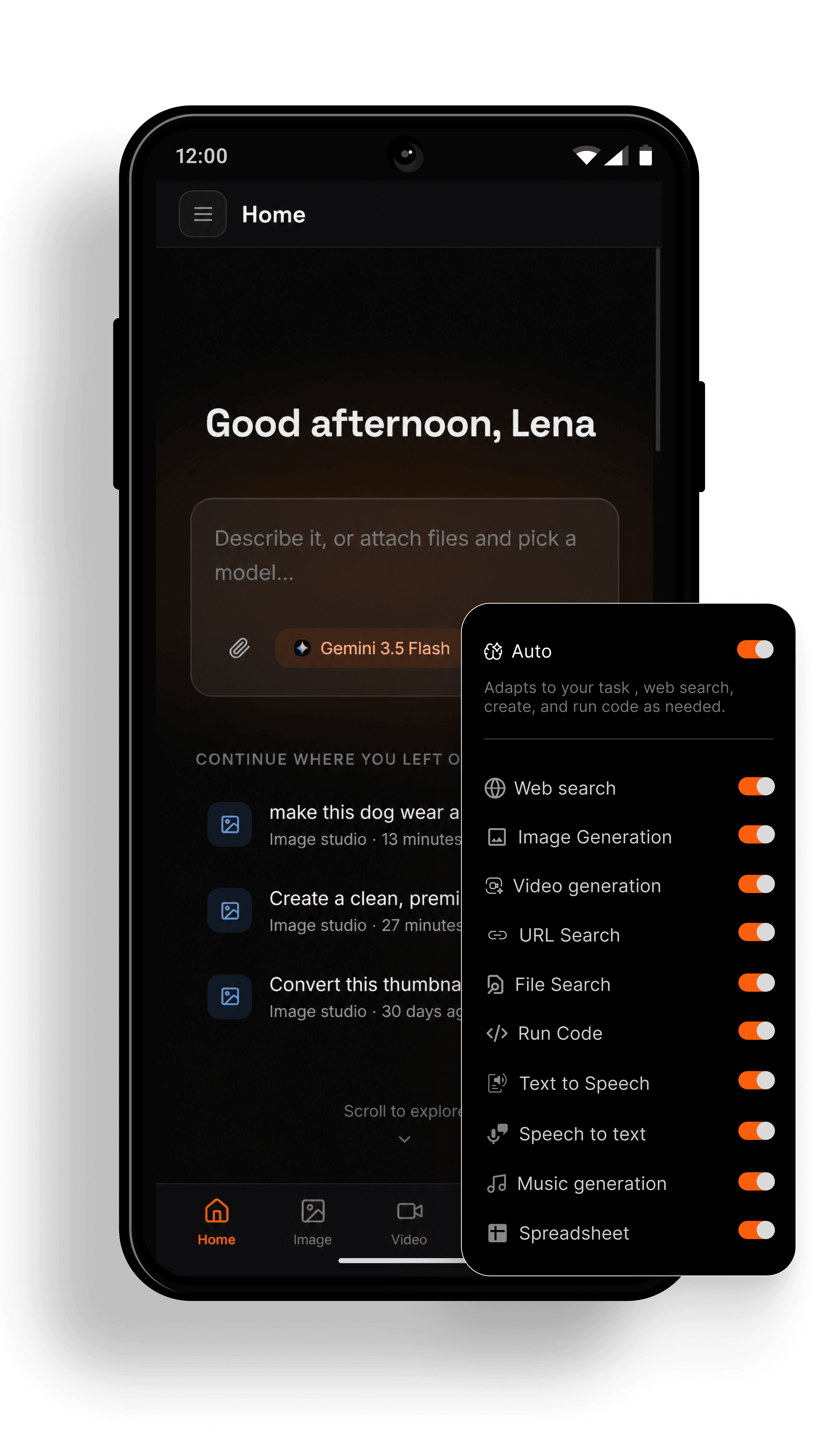 Qolaba all-in-one AI app home screen on Android with a smart tools panel for web search, image, video, speech and music generation
