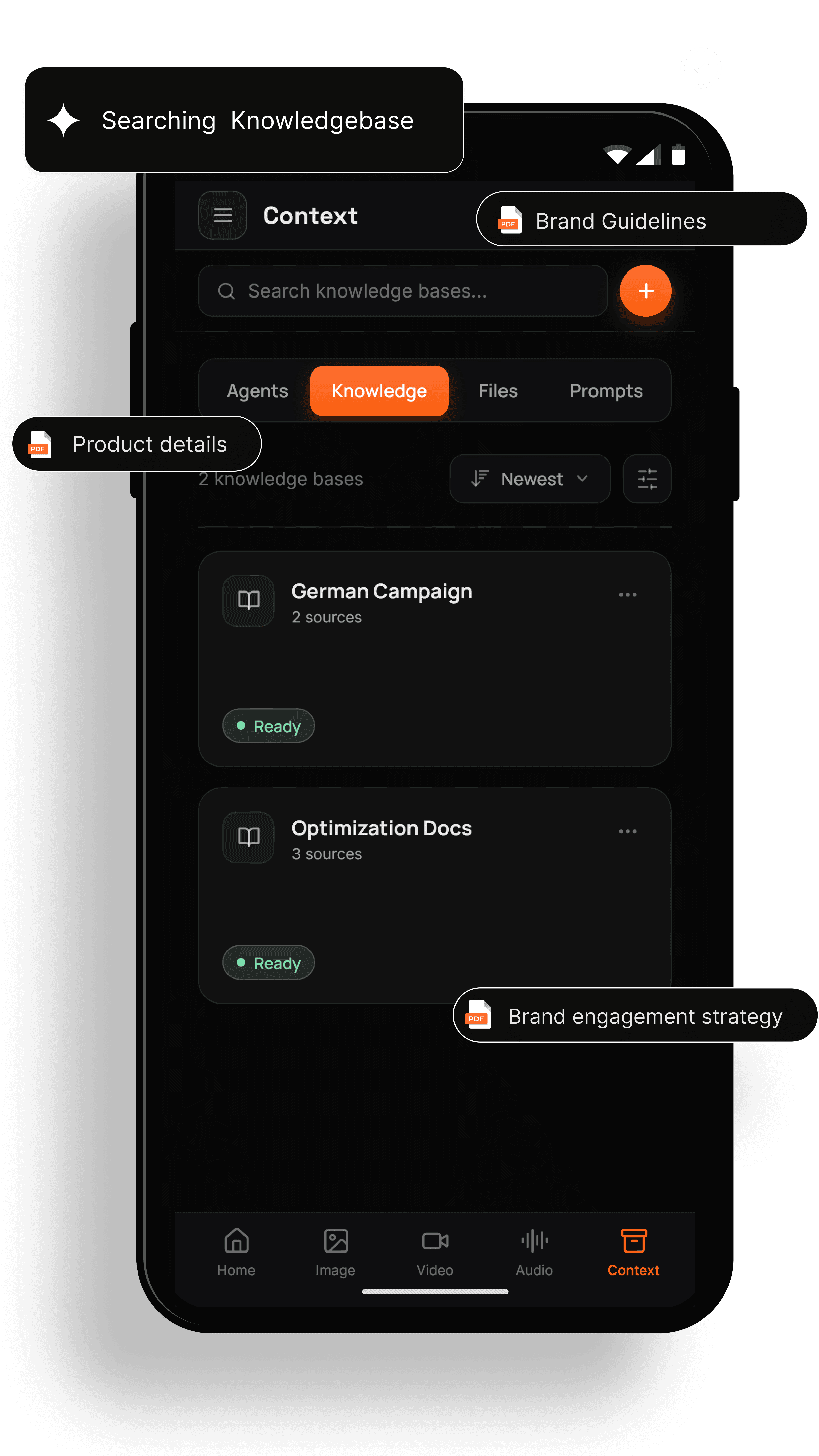 Qolaba Context tab on Android searching a knowledge base of brand guidelines and product docs