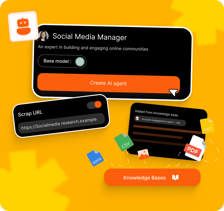 AI agents creation interface with Social Media Manager example and knowledge base with multiple file types