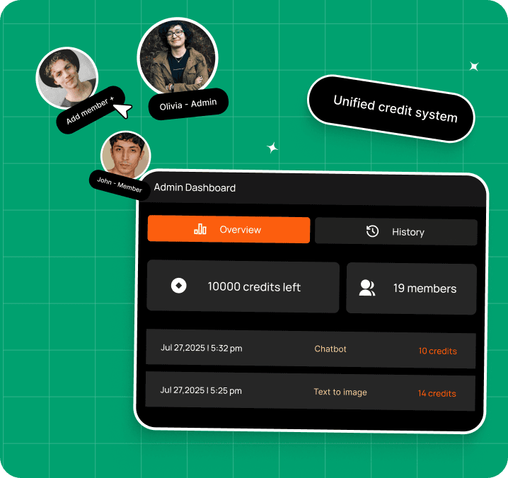Unified credit system admin dashboard showing team members and credit usage