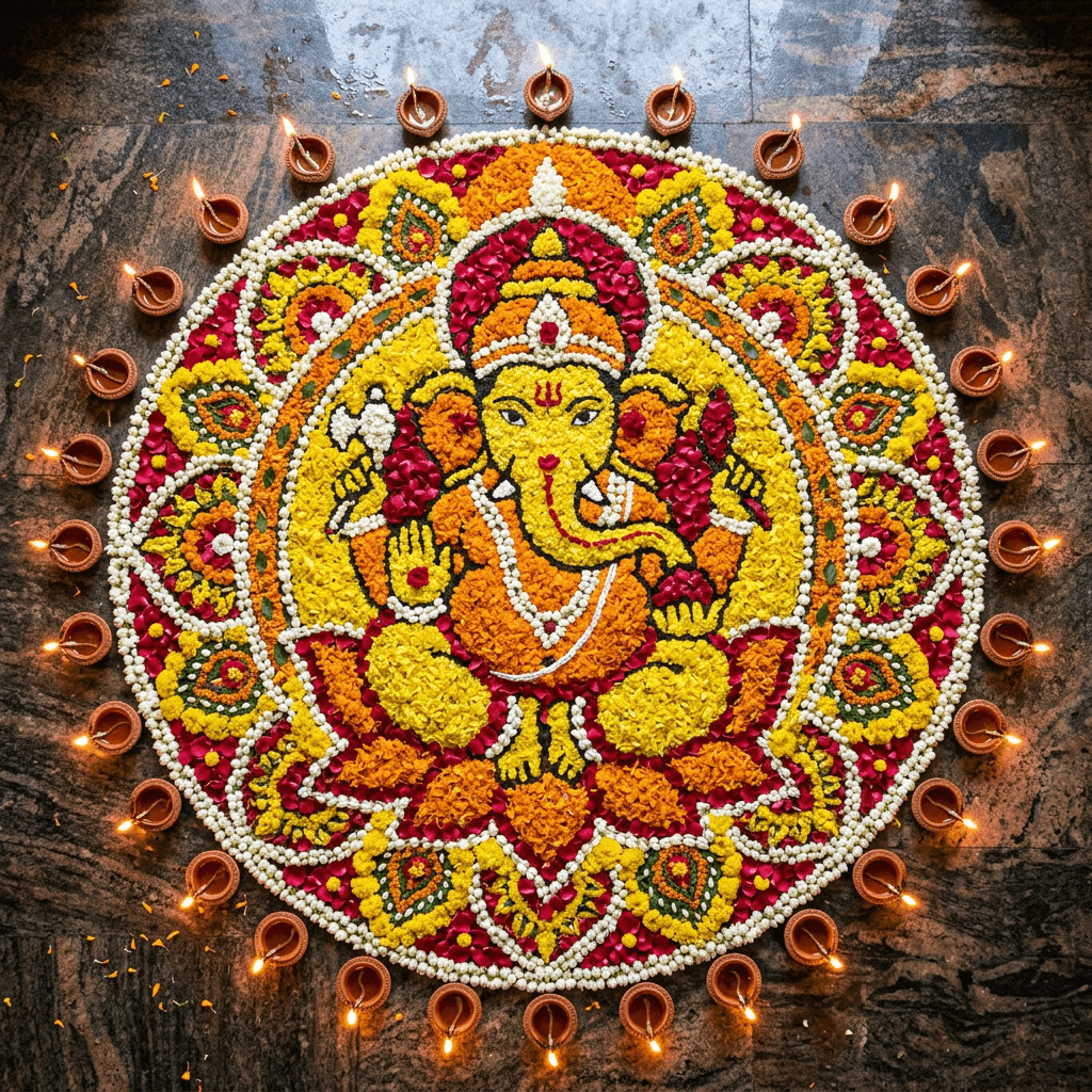 Sacred Floral Petal Rangoli with Diyas