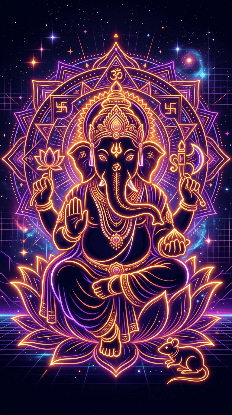 Cyber-Spiritual Synthwave Neon Ganesha