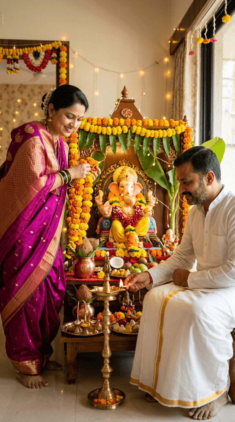 Decorating the Altar with Marigolds & Lamps