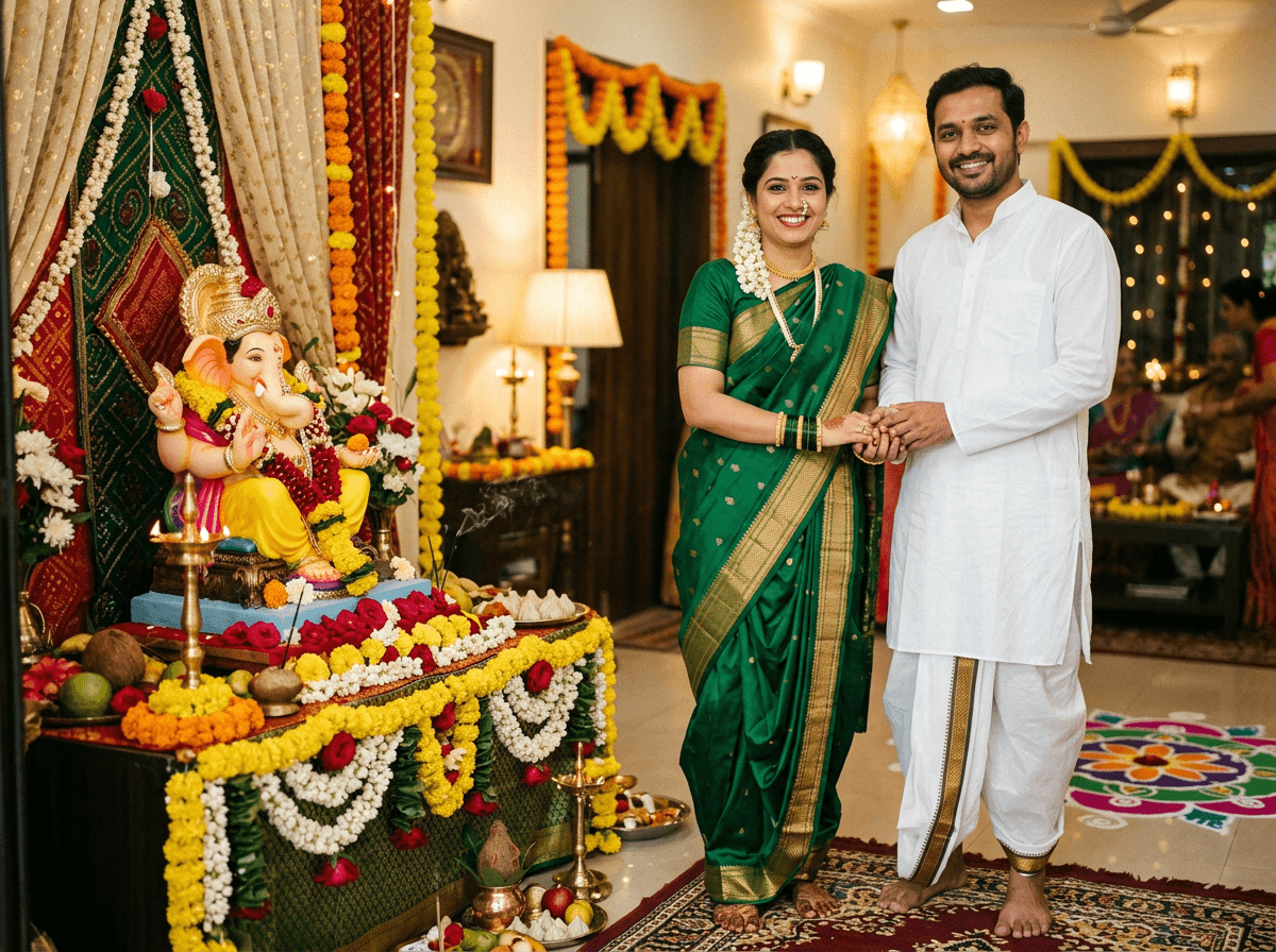 Festive Darshan Portrait Beside Lord Ganesha