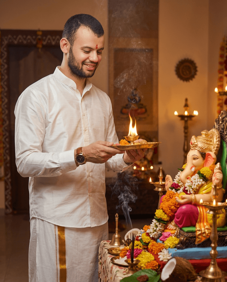 Performing Holy Aarti with Brass Thali
